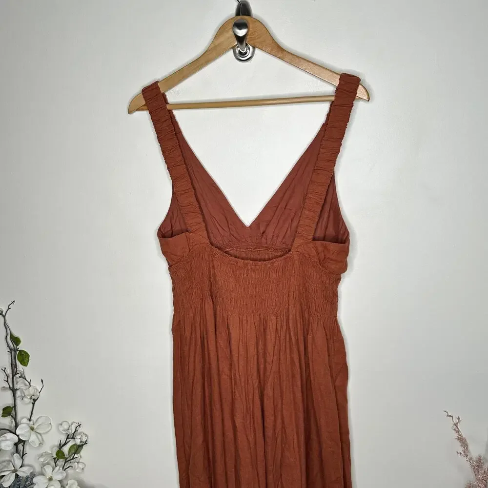 ABERCORMBIE & FITCH Scrunchie Strap Maxi Dress Rust Brown Sz L Petite $120 {D43}